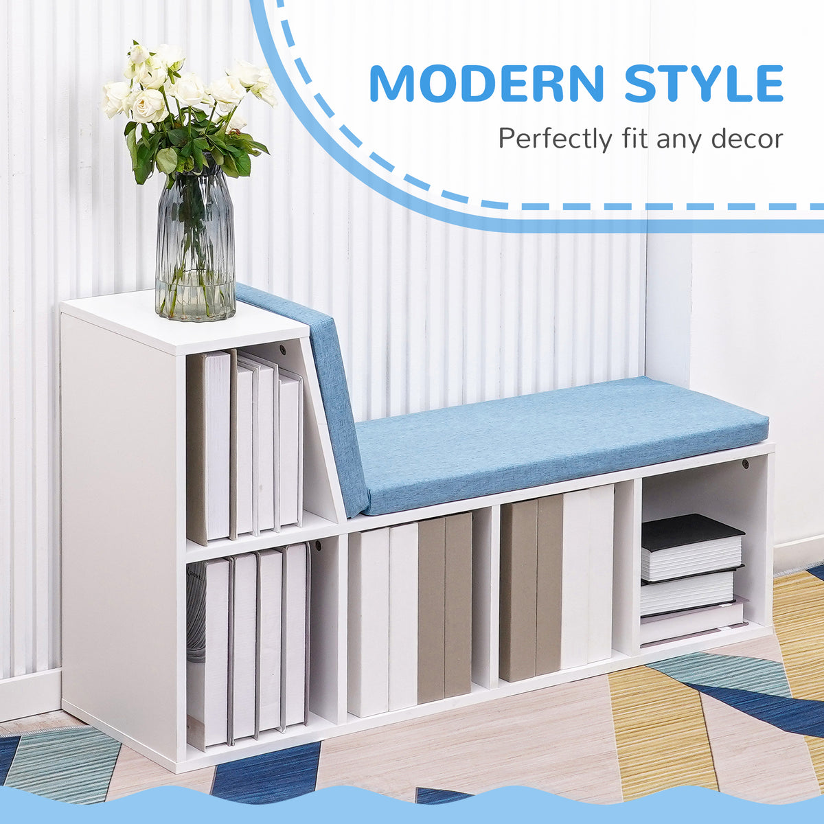 Multi-Purpose Bookshelf with 5 Cubes, 5-Cubby Bookcase with Cushioned Reading Nook and Storage Shelves, Blue – view 3