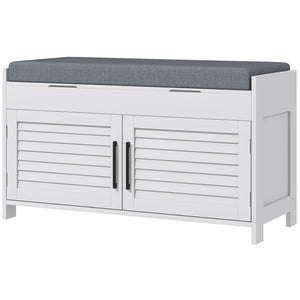Entryway Bench with Cushion, Hidden Storage, Adjustable Shelves and Shutter Doors, 35.4" Shoe Bench, White
