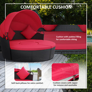 4-piece Round Sofa Bed, Outdoor Daybed with Retractable Canopy, PE Rattan Wicker Patio Lounge Chair