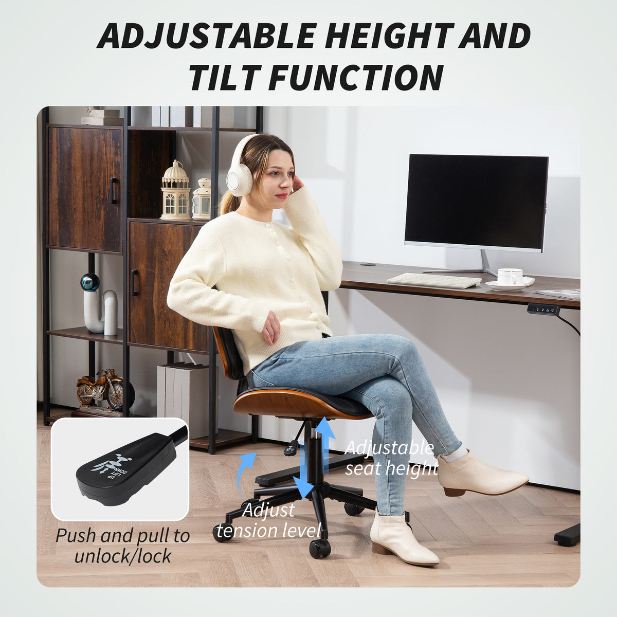 Office Chair No Arms with Wheels, PU Leather Desk Chair with Adjustable Height, Swivel Wheels for Office, Black