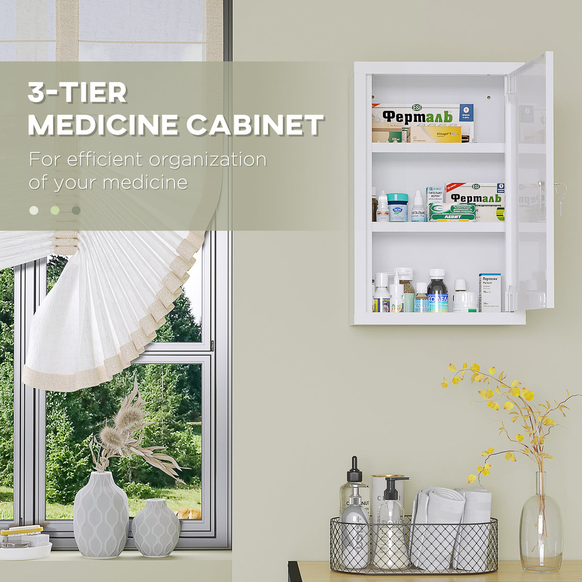 Lockable Medicine Cabinet, 3 Tier Steel Medical Wall Box with 2 Keys and Shelves for Bathroom, White