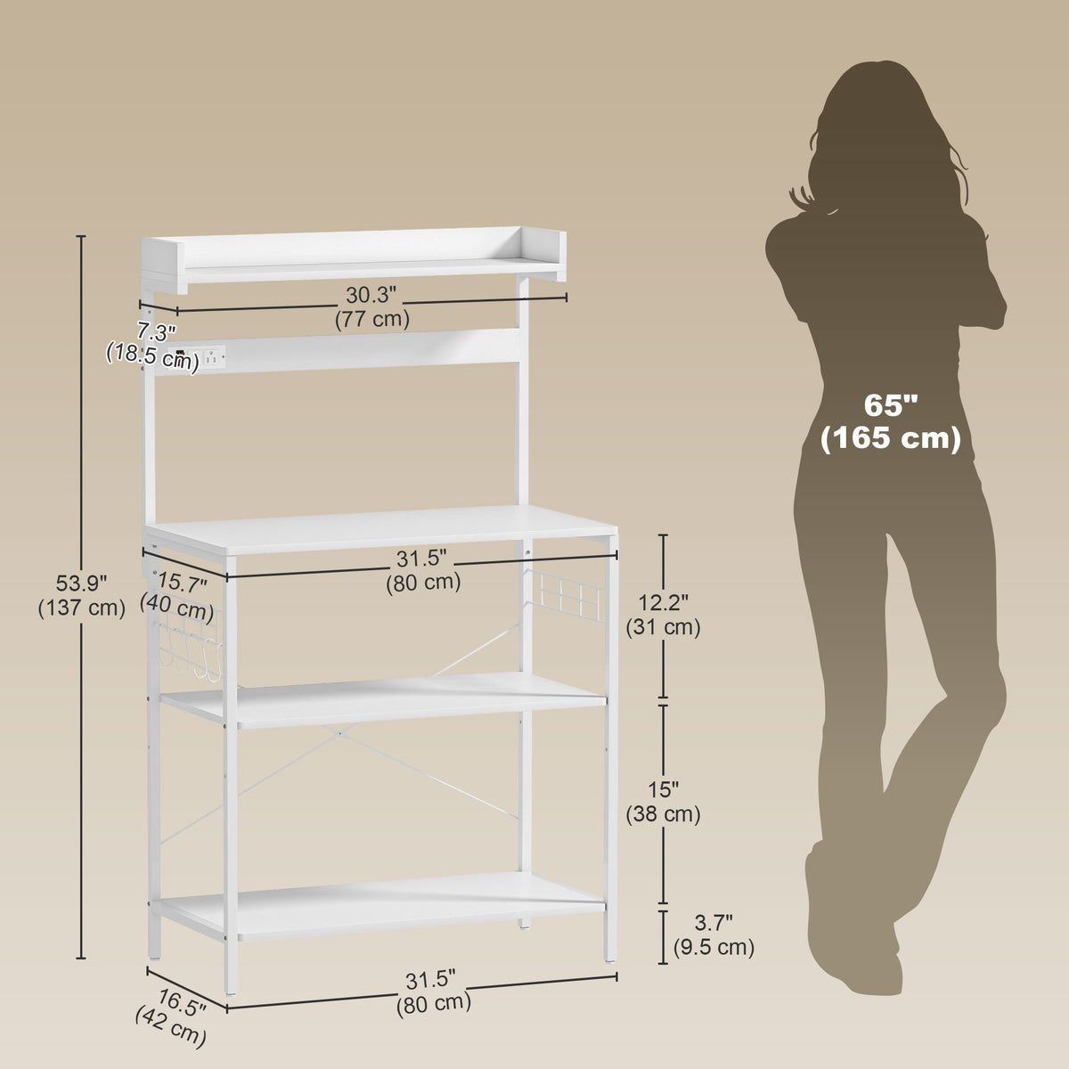 Kitchen Baker's Rack with Power Outlet, Coffee Bar Station with Adjustable Shelves and Hooks – view 30