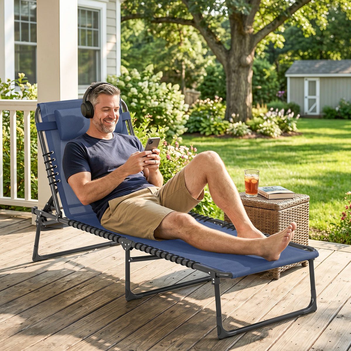 Folding Lounge Chair, Adjustable Chaise Lounge with Headrest, Reclining Lounger Cot for Camping, Hiking – view 7