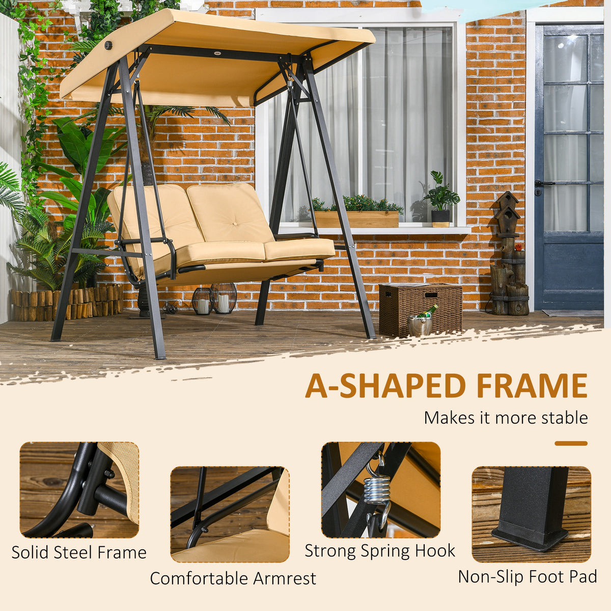 2-Seater Outdoor Porch Swing with Adjustable Canopy, Patio Swing Chair for Garden, Poolside, Backyard, Beige – view 8