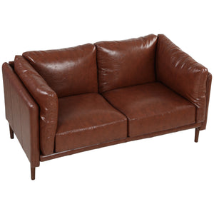 59" Loveseat Sofa, PU Leather 2 Seater Sofa with Wide Seat, High-Density Foam, Thick Cushion, Wood Legs, Brown