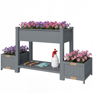 Wooden Raised Garden Bed with 2 Foldable Side Pots, Raised Planter with Storage Shelf and Drainage Holes