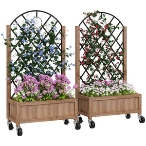 Raised Garden Bed with Metal Trellis, Elevated Planter Box with Wheels and Drainage Holes, 20.5" x 9.8" x 38.2", Brown