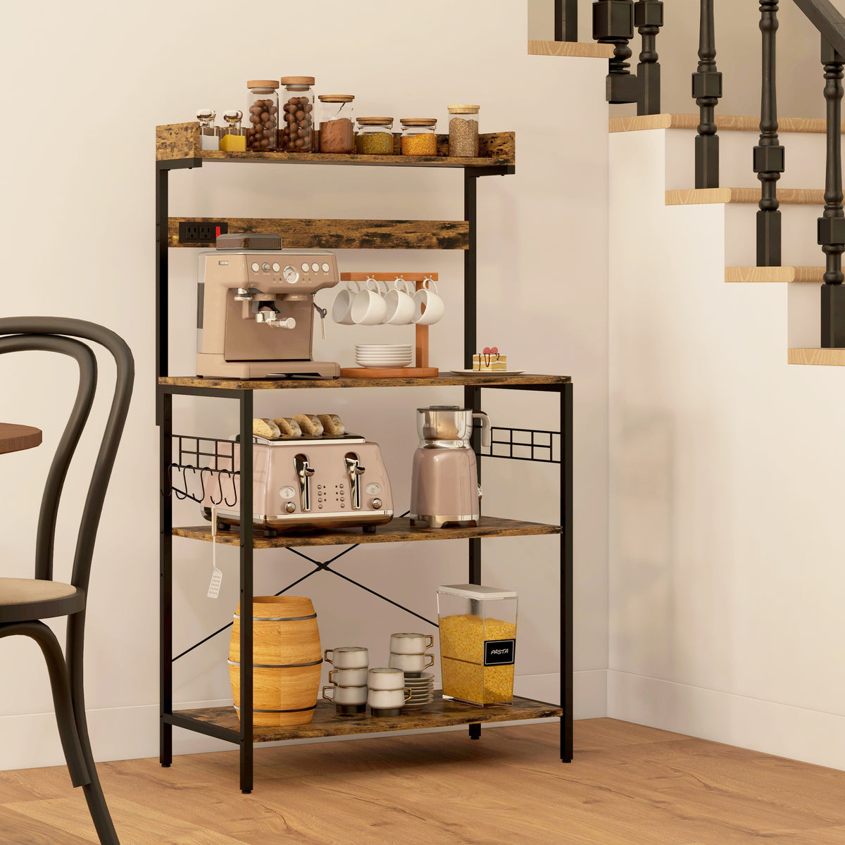 Kitchen Baker's Rack with Power Outlet, Coffee Bar Station with Adjustable Shelves and Hooks – view 28