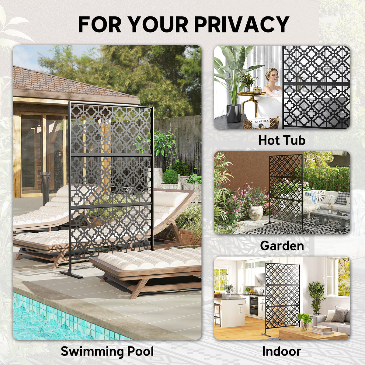 Metal Outdoor Privacy Screen, Freestanding Outdoor Divider with Stand, 78" x 48", Black