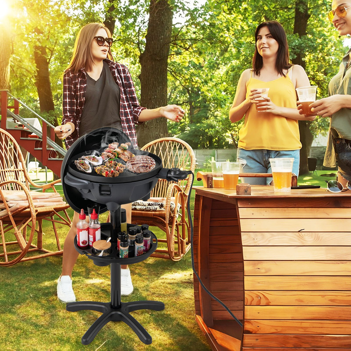Electric BBQ Grill 1200W Indoor Outdoor Grill with 2-Zone Non-Stick Grilling Plate-Black view 2