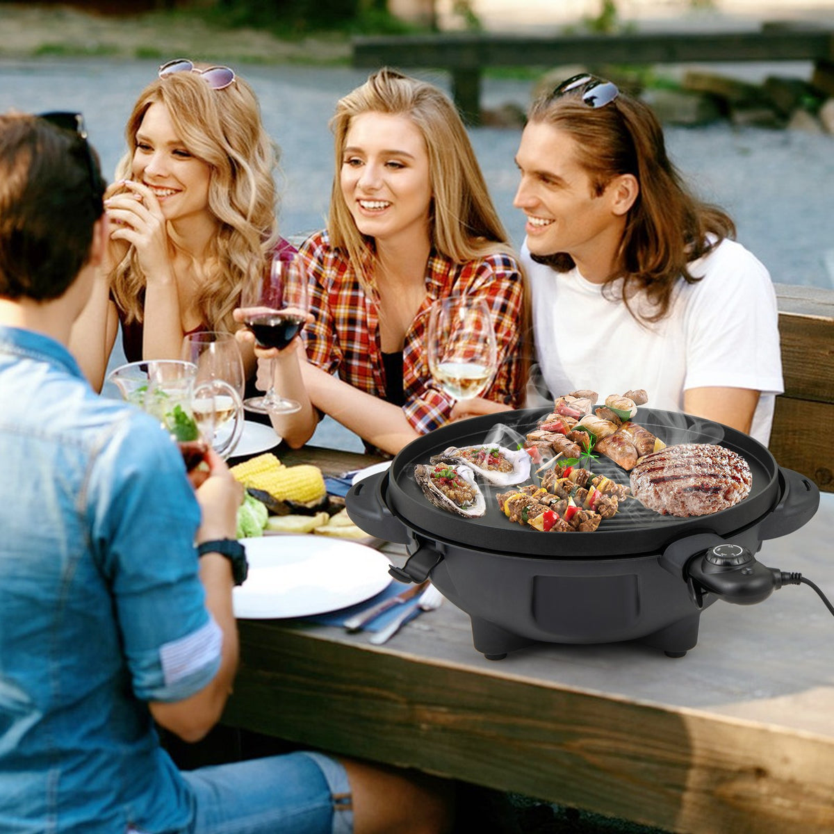 Electric BBQ Grill 1200W Indoor Outdoor Grill with 2-Zone Non-Stick Grilling Plate-Black view 3