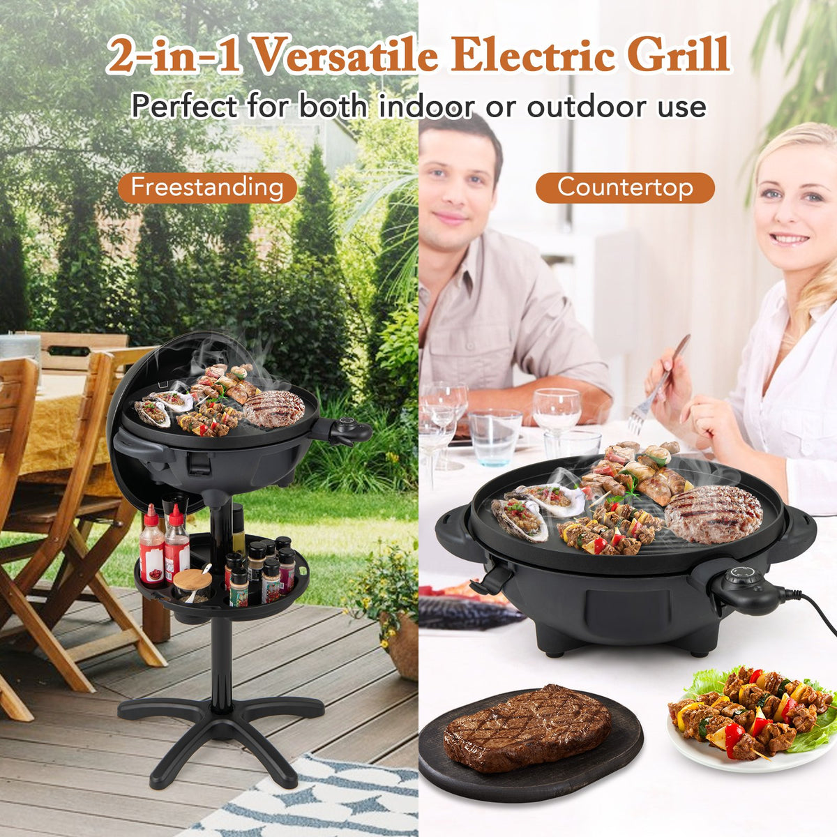Electric BBQ Grill 1200W Indoor Outdoor Grill with 2-Zone Non-Stick Grilling Plate-Black view 6