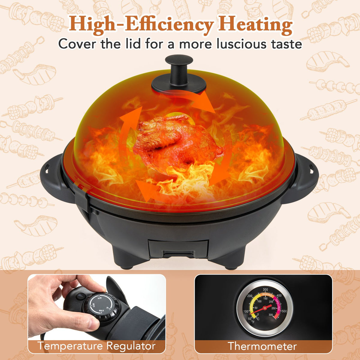 Electric BBQ Grill 1200W Indoor Outdoor Grill with 2-Zone Non-Stick Grilling Plate-Black view 7