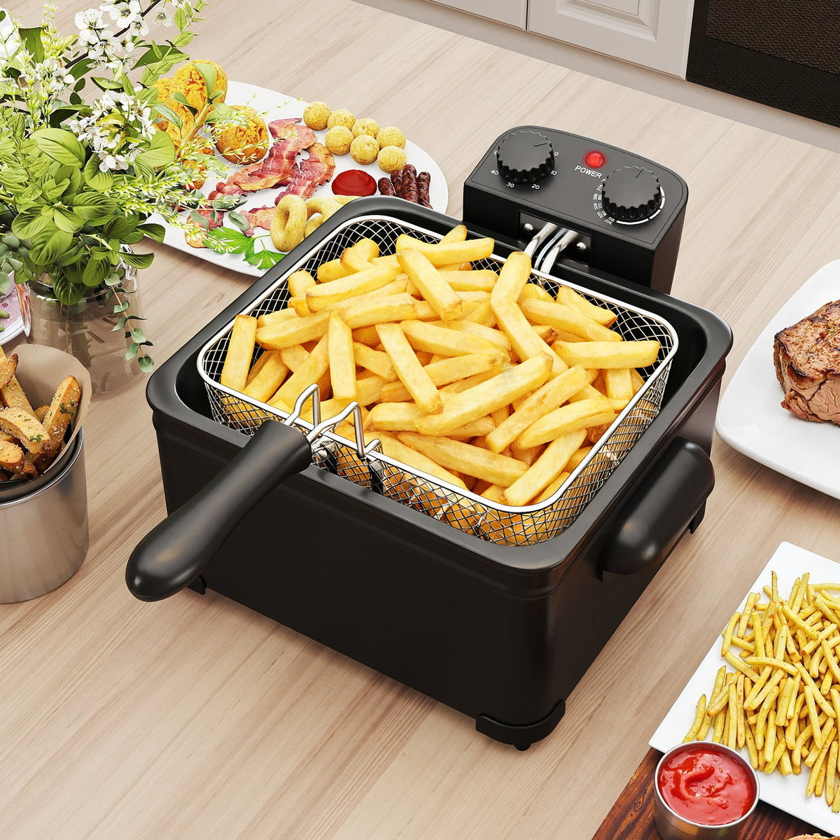 Electric Deep Fryer 5.3QT/21-Cup Stainless Steel 1700W with Triple Basket-Black view 2