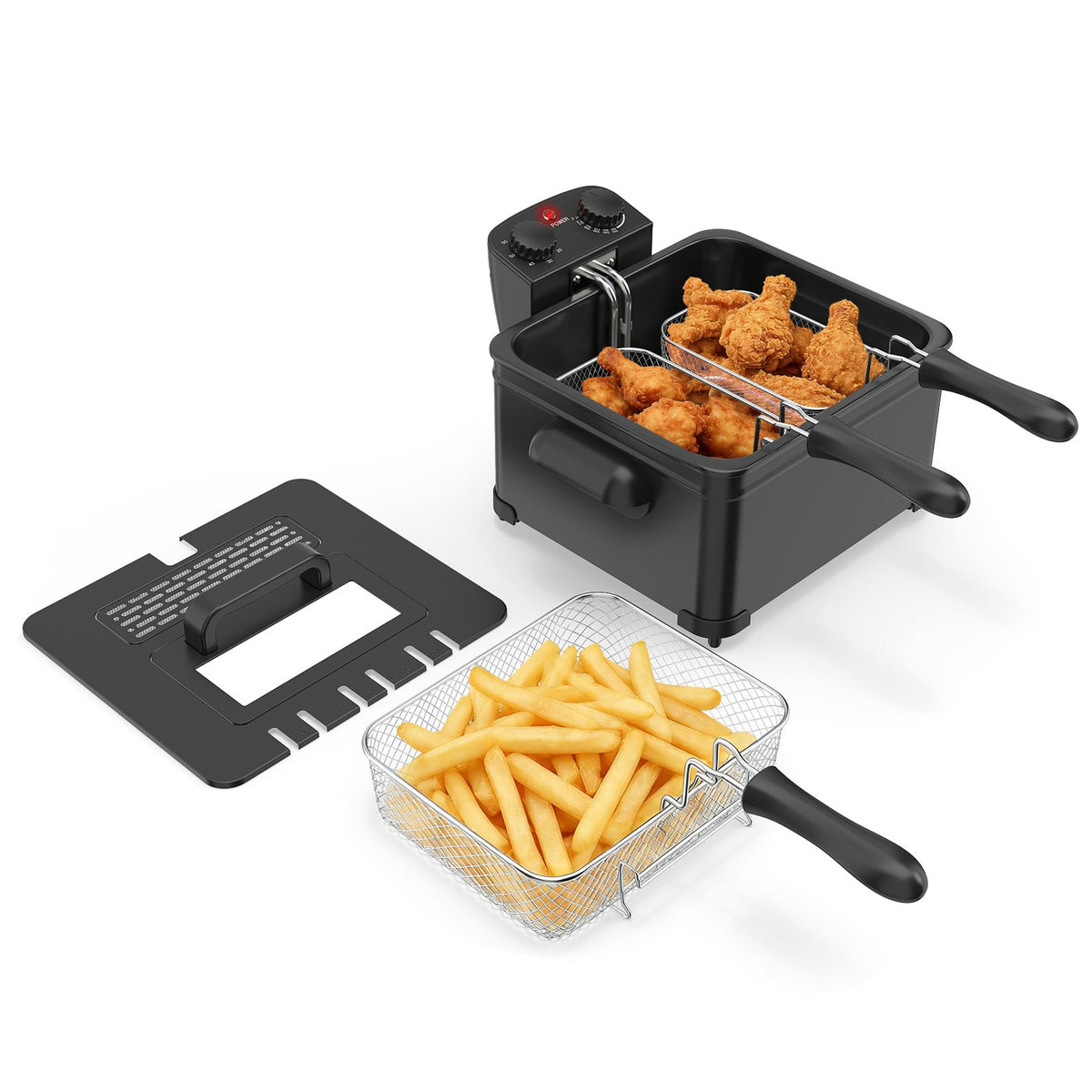 Electric Deep Fryer 5.3QT/21-Cup Stainless Steel 1700W with Triple Basket-Black view 5