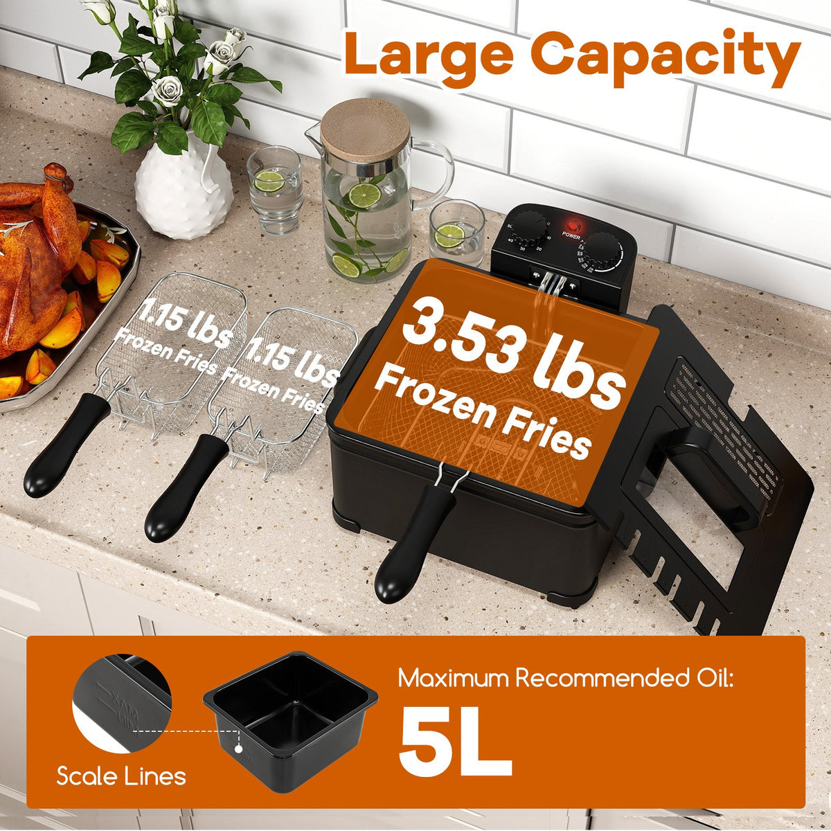 Electric Deep Fryer 5.3QT/21-Cup Stainless Steel 1700W with Triple Basket-Black view 9