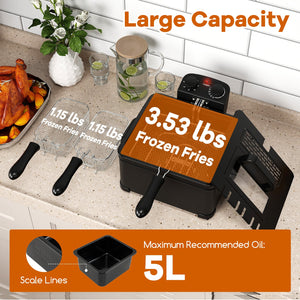 Electric Deep Fryer 5.3QT/21-Cup Stainless Steel 1700W with Triple Basket-Black view 9