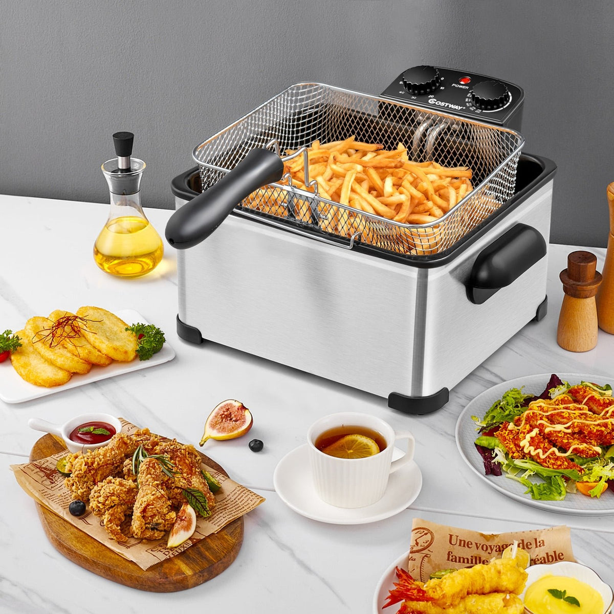 Electric Deep Fryer 5.3QT/21-Cup Stainless Steel 1700W with Triple Basket-Silver view 2