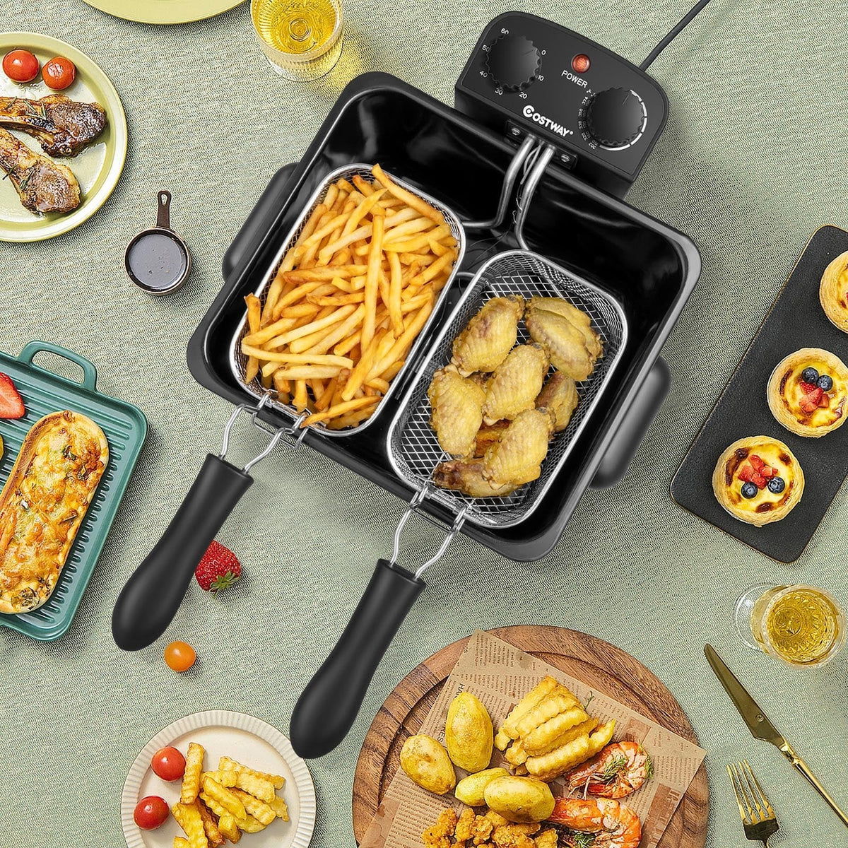 Electric Deep Fryer 5.3QT/21-Cup Stainless Steel 1700W with Triple Basket-Silver view 3