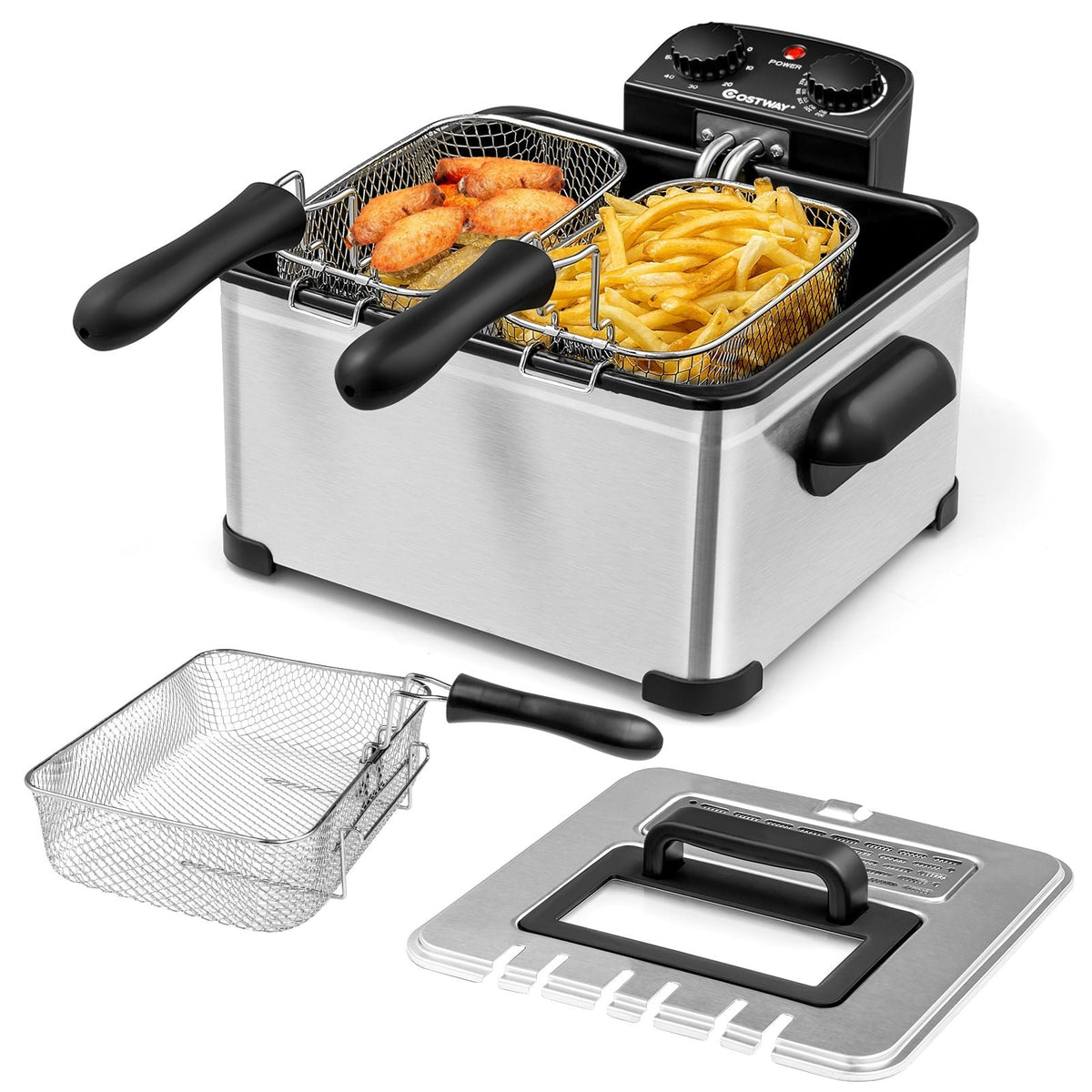 Electric Deep Fryer 5.3QT/21-Cup Stainless Steel 1700W with Triple Basket-Silver view 4