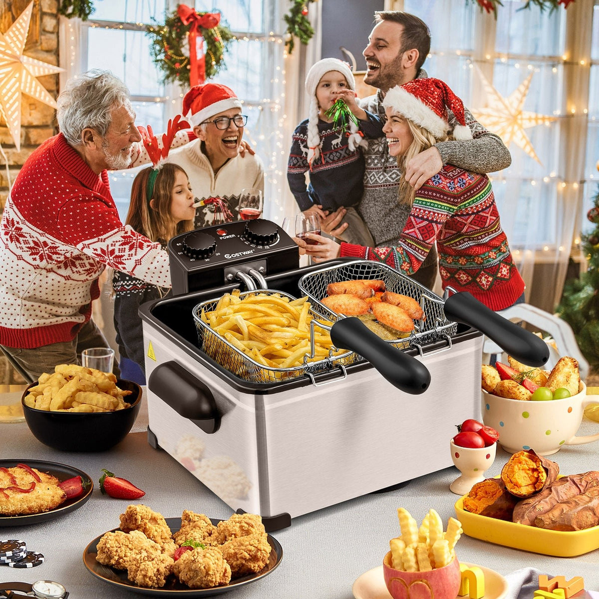 Electric Deep Fryer 5.3QT/21-Cup Stainless Steel 1700W with Triple Basket-Silver view 7