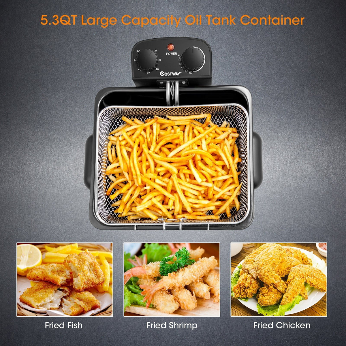 Electric Deep Fryer 5.3QT/21-Cup Stainless Steel 1700W with Triple Basket-Silver view 8