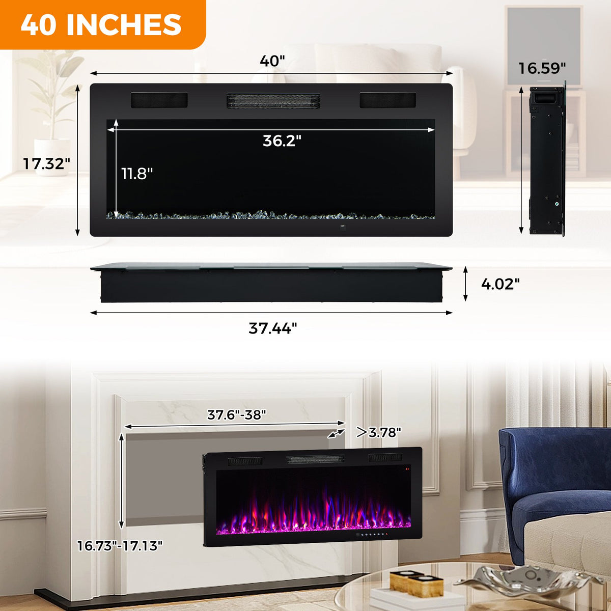 Electric Fireplace 40/50/60 Inches Recessed and Wall Mounted for 2' x 6' Stud-40 Inches view 4