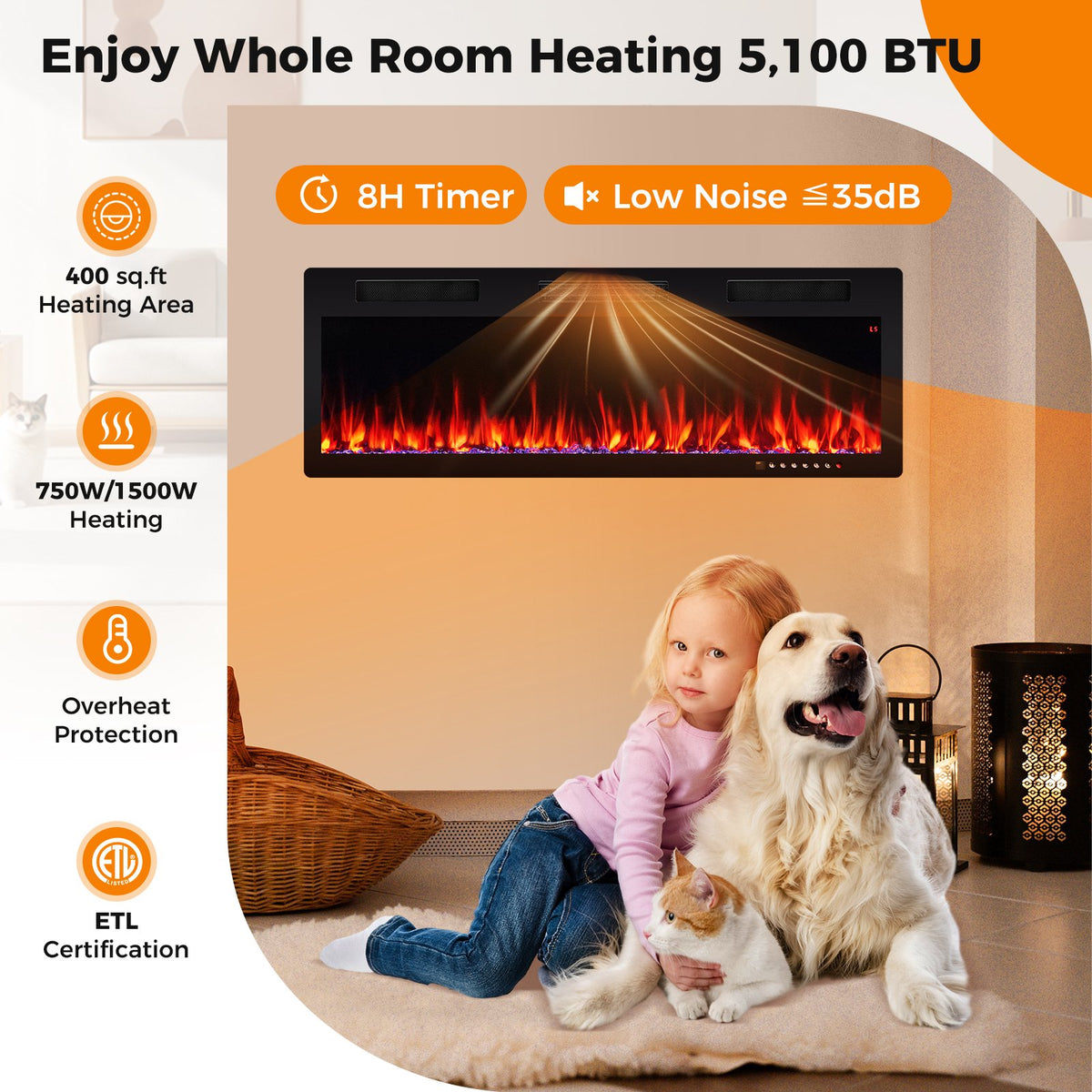Electric Fireplace 40/50/60 Inches Recessed and Wall Mounted for 2' x 6' Stud-50 inches view 5