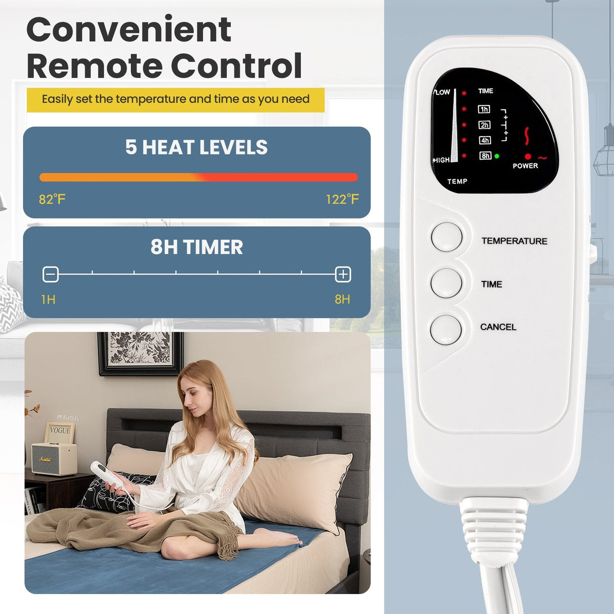 Electric Heated Mattress Pad with 5 Heating Levels and Overheat Protection-Blue view 6