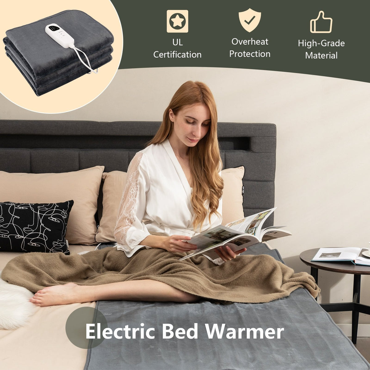 Electric Heated Mattress Pad with 5 Heating Levels and Overheat Protection-Gray view 6