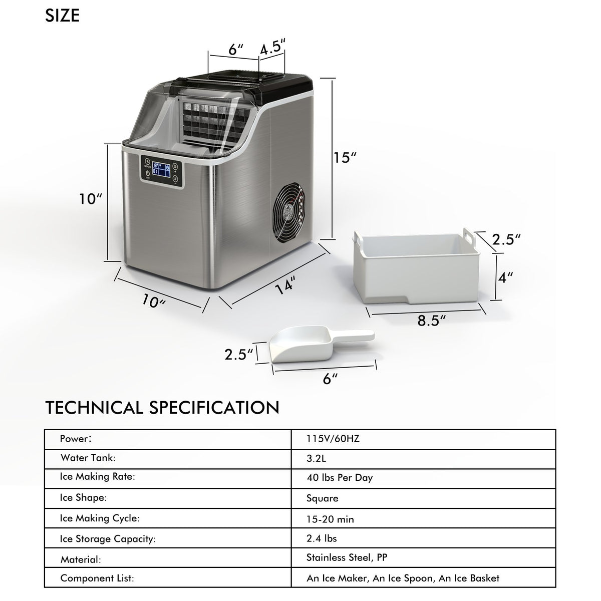 Electric Portable Countertop Ice Maker with Ice Scoop and Basket-Sliver view 5