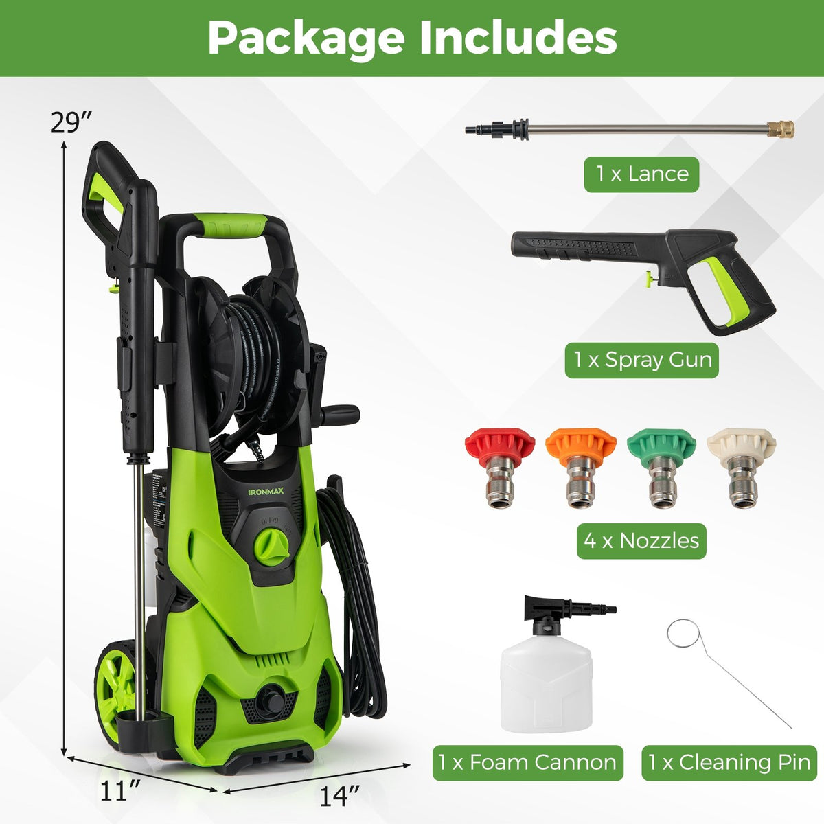 2150PSI Electric Pressure Washer 1.2GPM with 4 Quick Connect Nozzles and Foam Cannon-Green view 4