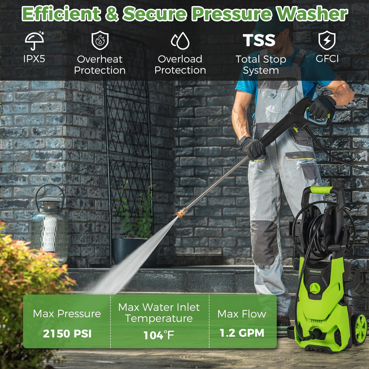 2150PSI Electric Pressure Washer 1.2GPM with 4 Quick Connect Nozzles and Foam Cannon-Green view 5