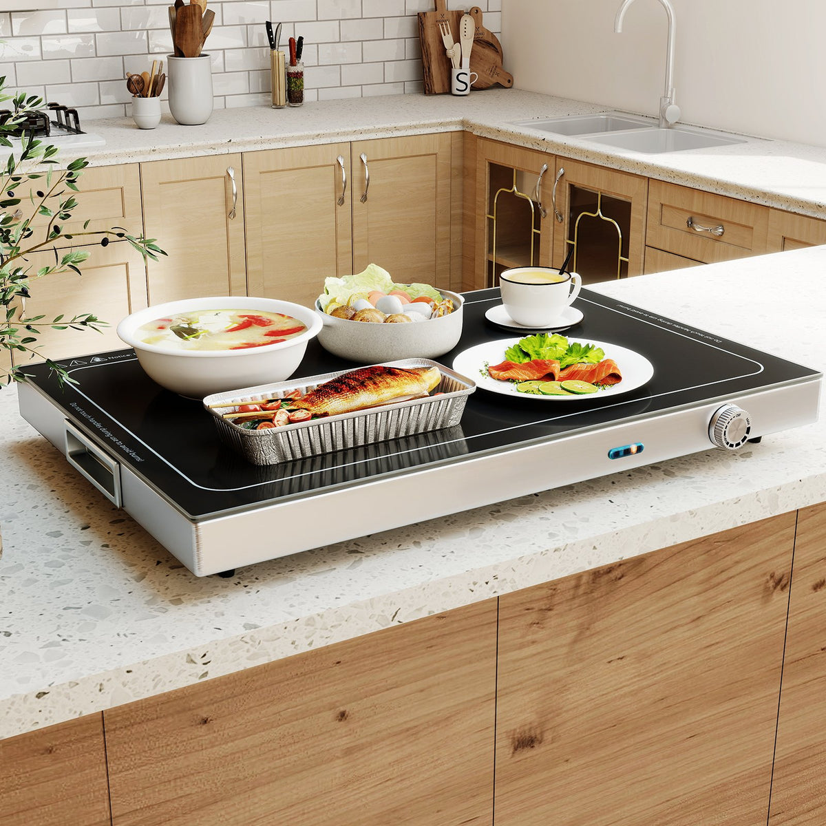Electric Warming Tray with Adjustable Temperature and Built-In Handles Tempered Glass view 3