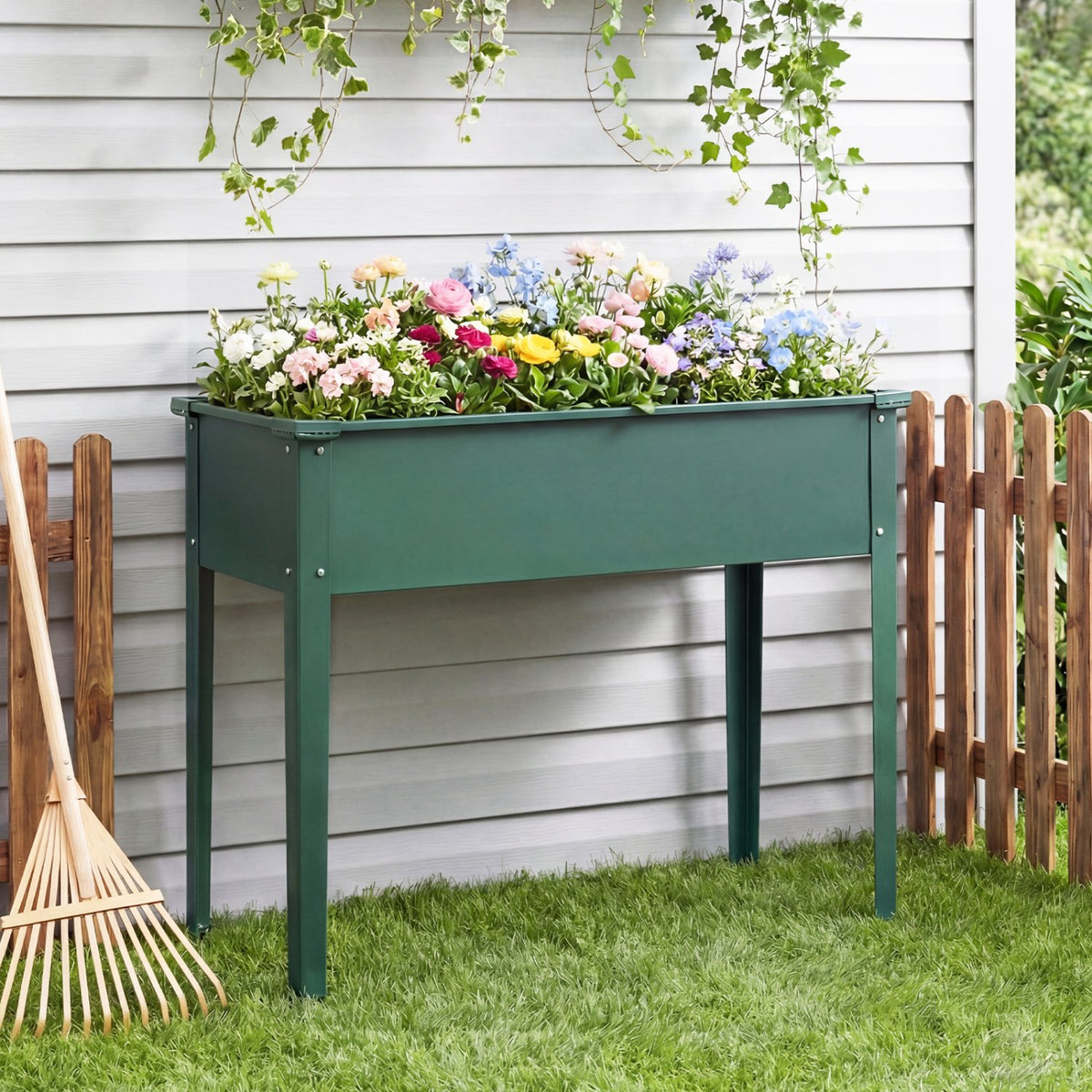 Elevated Metal Raised Garden Bed with Legs and Drainage Holes-Green view 2