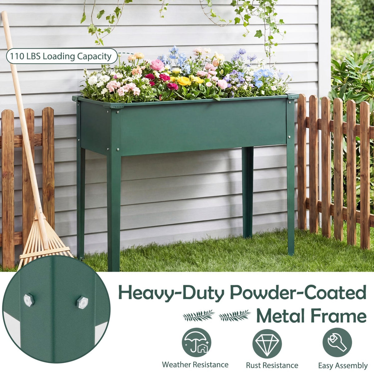 Elevated Metal Raised Garden Bed with Legs and Drainage Holes-Green view 8