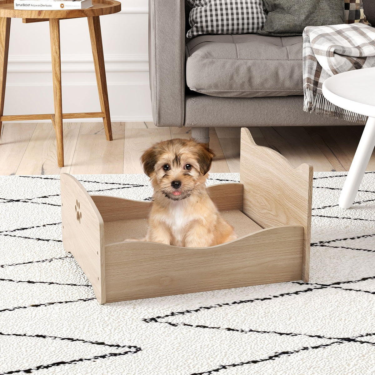 Elevated Pet Bed Frame with Rails and Cute Headboards-Walnut view 3