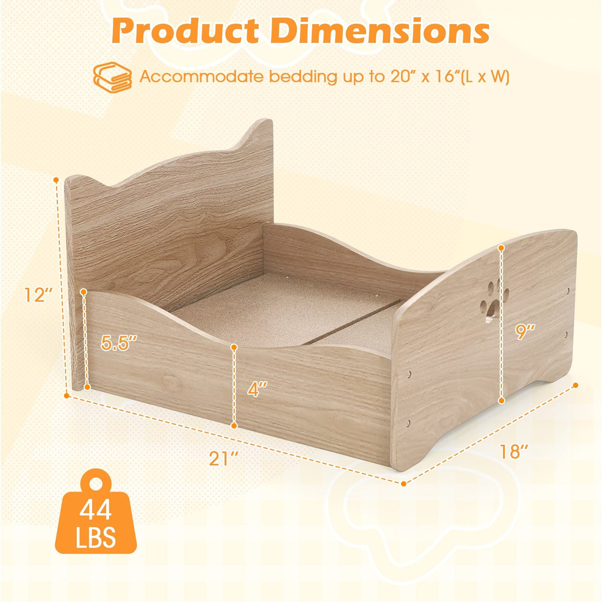 Elevated Pet Bed Frame with Rails and Cute Headboards-Walnut view 5