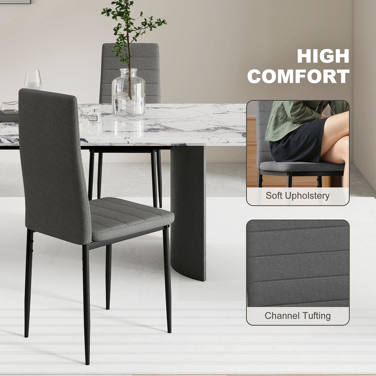 Modern Dining Chairs, Set of 6, High Back Linen Fabric Upholstery and Metal Legs for the Living Room, Home, Grey