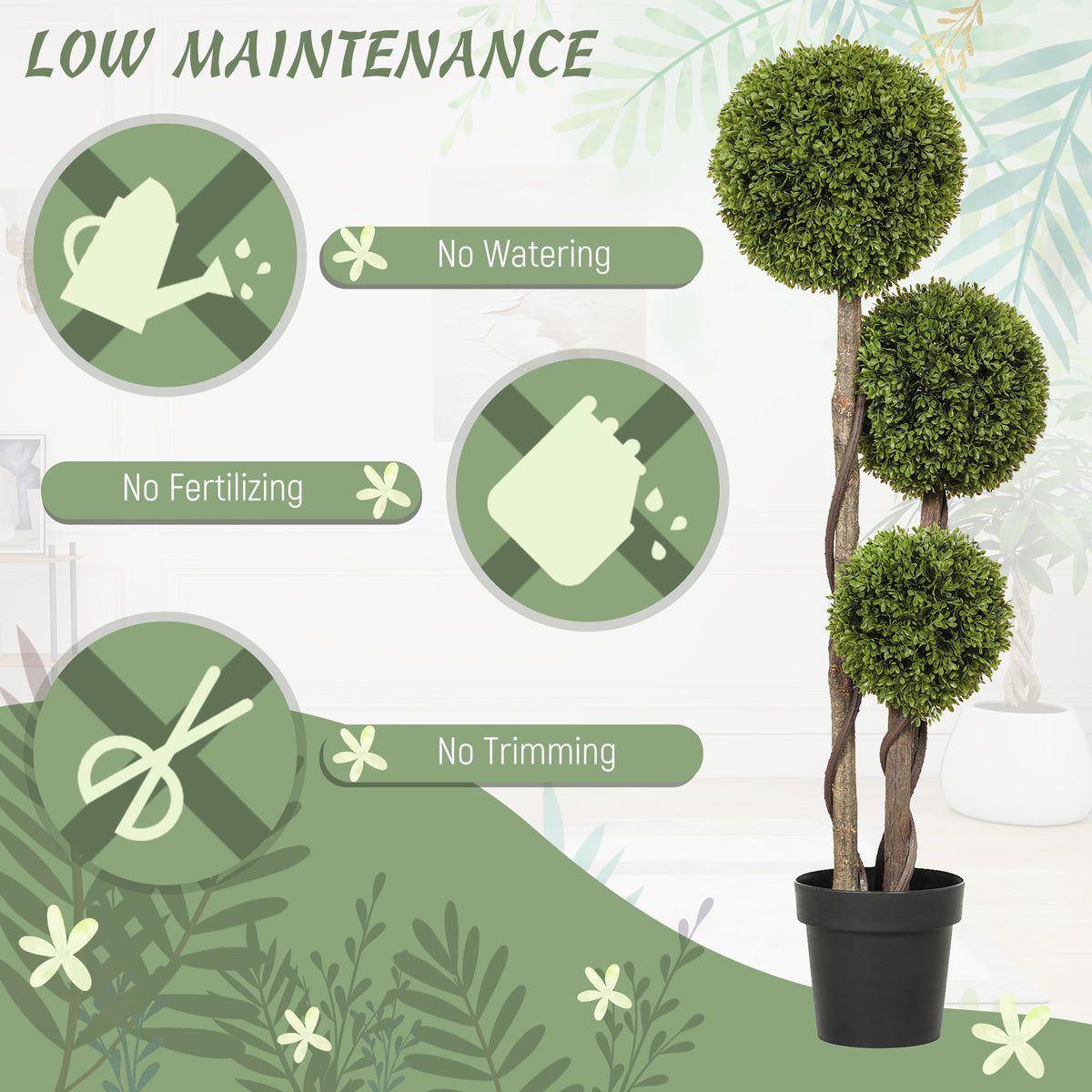 45 Inch Potted Fake Plant, Artificial Boxwood Topiary Tree, Triple Ball Tree for Indoor and Outdoor, Green