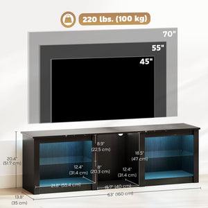 TV Stand with LED Lights, Modern Entertainment Center with Adjustable Glass Shelves, for TVs up to 70 Inch, Black