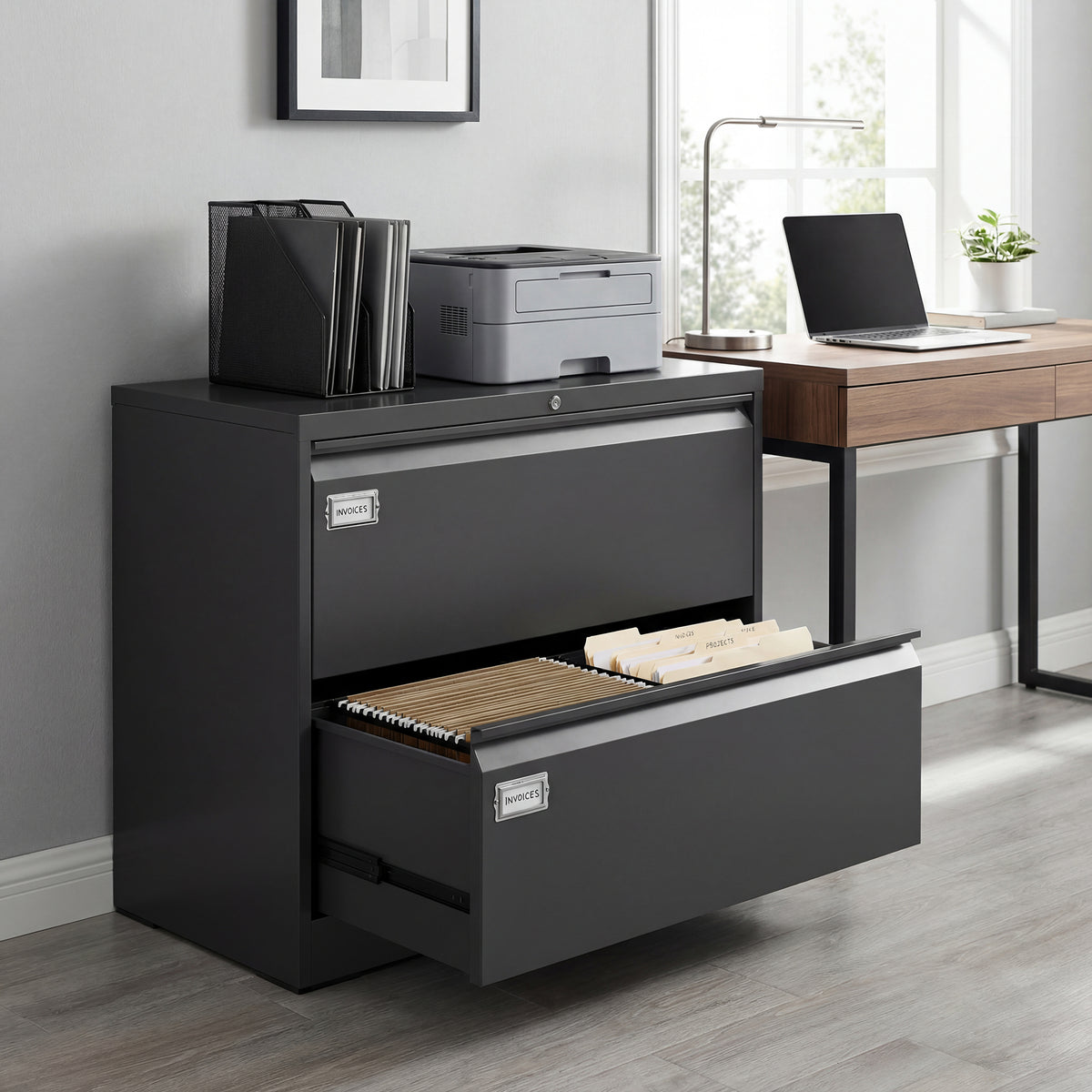 Lateral Filing Cabinet with 2 Drawers, Lockable Steel File Cabinet for A4/Letter/Legal Size Files, Black