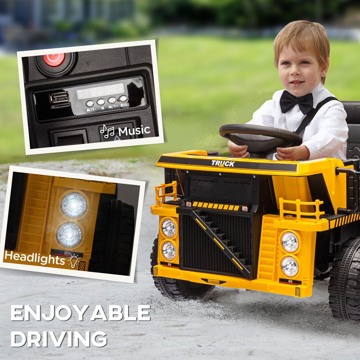 Qaba 12V Kids Ride On Dump Truck Construction Vehicle w/ Electric Dump Bed, Shovel, Spring Suspension Wheels