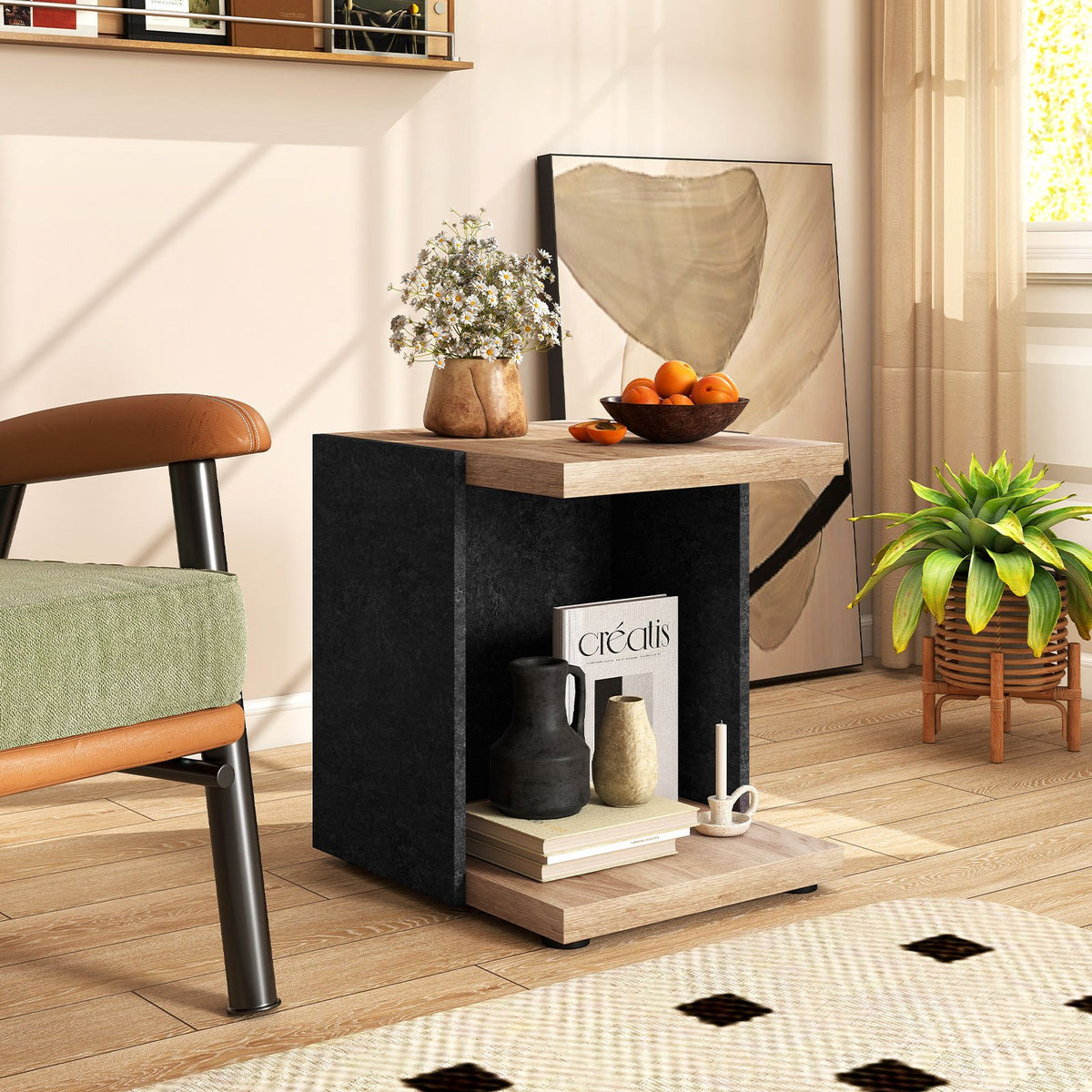 End Table 2-Tier Sofa Side Table with Open Storage Shelf-Oak view 2