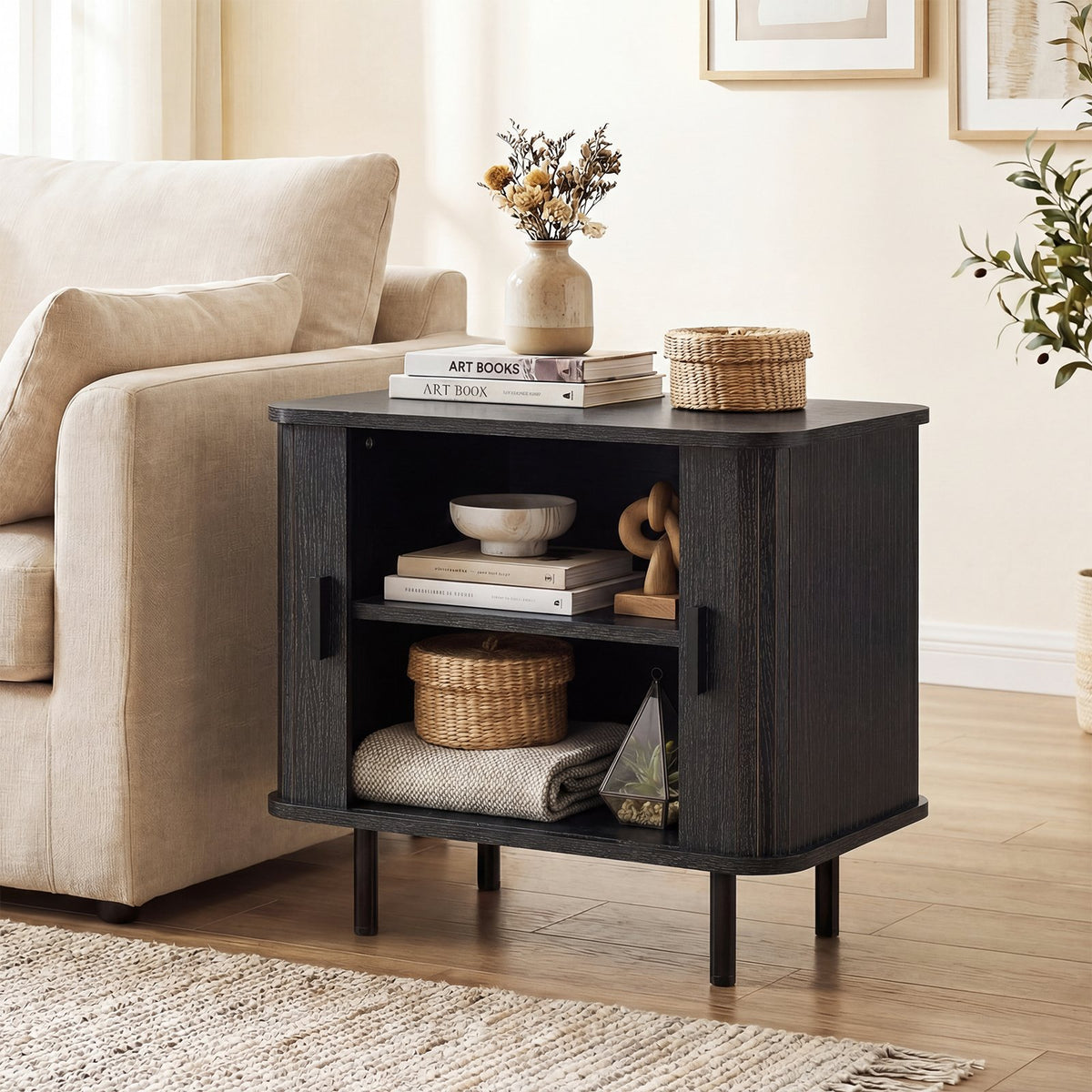 End Table Modern Mid Century Nightstand with Sliding Tambour Doors and Storage Shelf-Black view 2