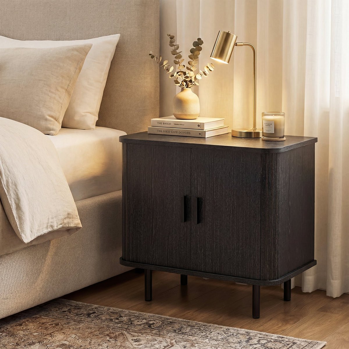 End Table Modern Mid Century Nightstand with Sliding Tambour Doors and Storage Shelf-Black view 3