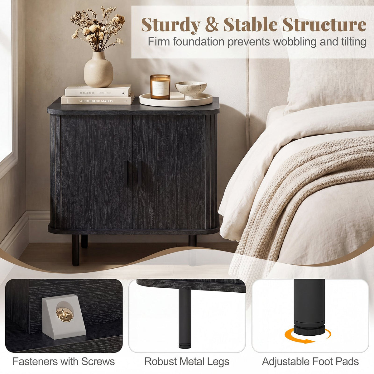 End Table Modern Mid Century Nightstand with Sliding Tambour Doors and Storage Shelf-Black view 8