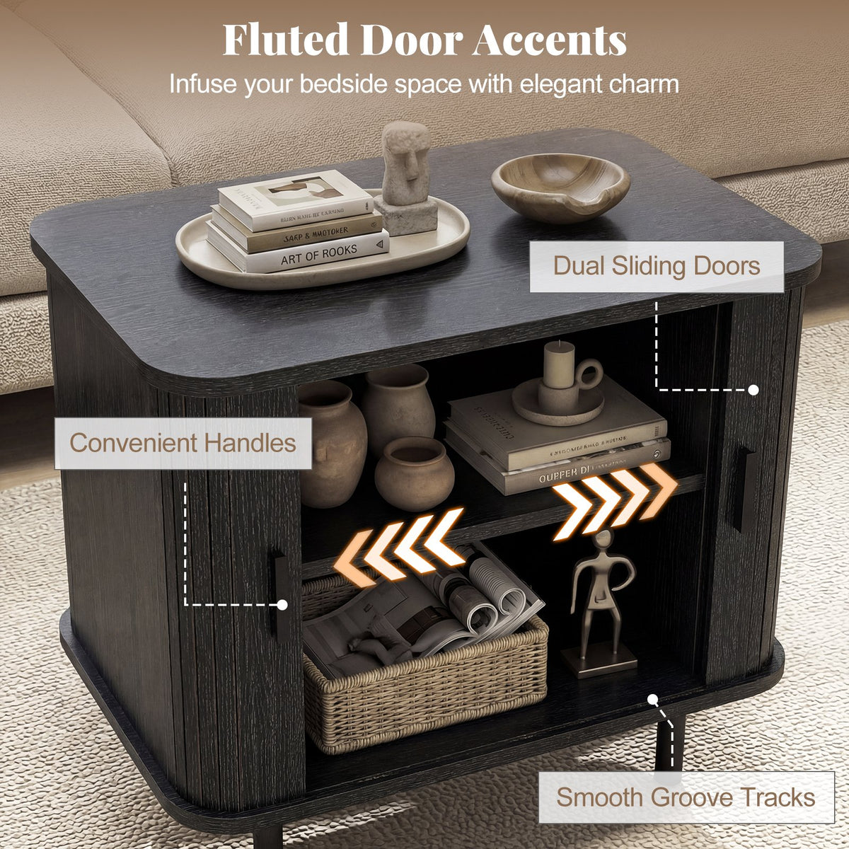 End Table Modern Mid Century Nightstand with Sliding Tambour Doors and Storage Shelf-Black view 9