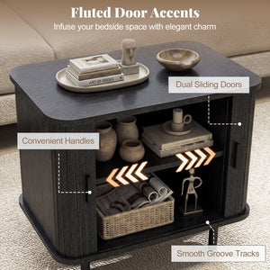 End Table Modern Mid Century Nightstand with Sliding Tambour Doors and Storage Shelf-Black view 9