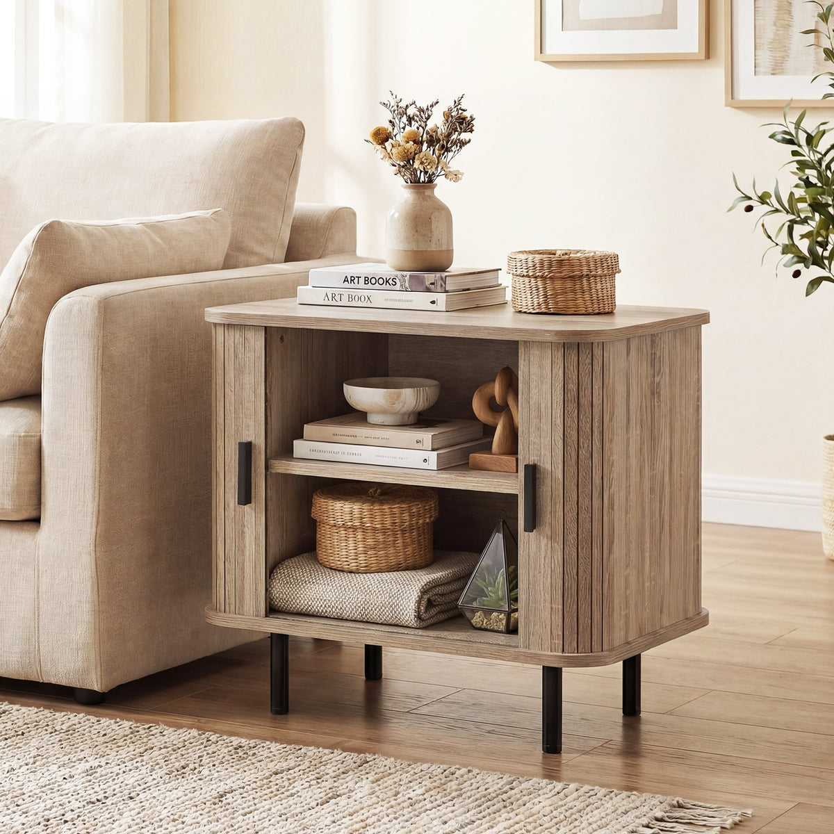 End Table Modern Mid Century Nightstand with Sliding Tambour Doors and Storage Shelf-Natural view 2